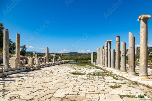 Ancient stone-paved street of Patara ending at a marshy basin, once a harbor. Ruined colonnade, blue sky, green hills. May, Patara, Antalya, Mediterranean, Turkey.