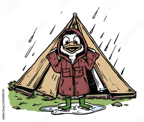 Colorful Illustration of a Cartoon Duck in Rainy Adventure Outside a Tent
