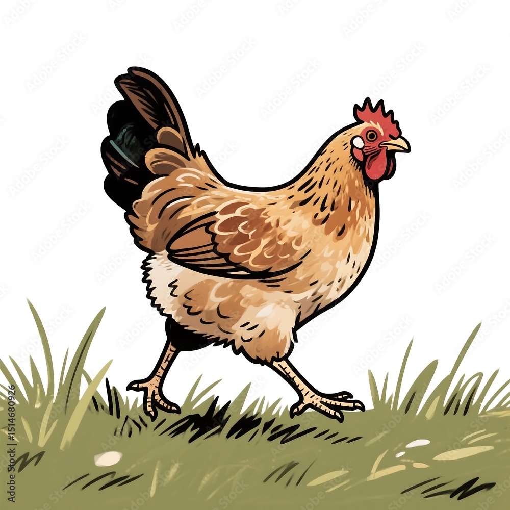 Fototapeta premium Brown free-range hen standing on grass field, chicken clipart designed for educational use, rural graphics, or traditional farming visuals.