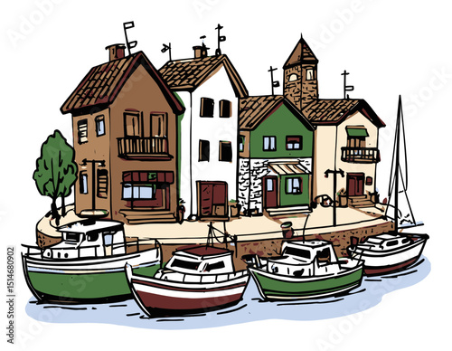 Charming Illustrated Coastal Village with Colorful Boats and Quaint Houses