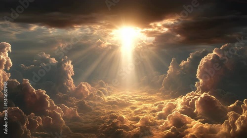 Sunlight pierces a dramatic sky, casting a golden glow over the clouds.