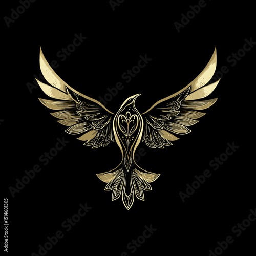 Elegant Gold Vector Art of a Majestic Bird with Detailed Wings Design