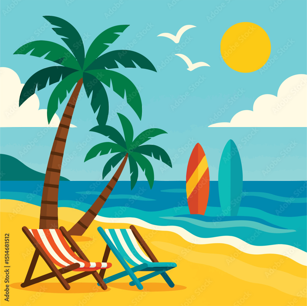 Obraz premium Tropical Beach Summer Background – Flat Vector Illustration