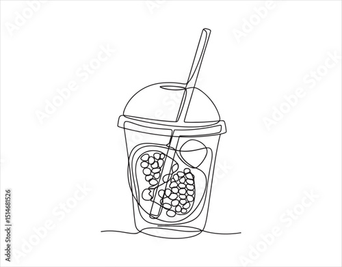 line art logo featuring a pomegranate juice glass with a lid and straw