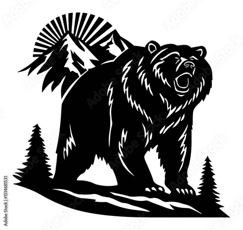 Bold Bear Silhouette with Mountain Backdrop and Rays of Light in Nature Scene