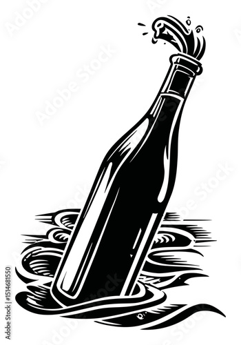 Vintage Bottle Engraving with Splashing Water Illustration Art Design