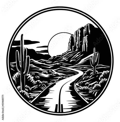 Black and White Illustration of Desert Landscape with Mountains and Cacti