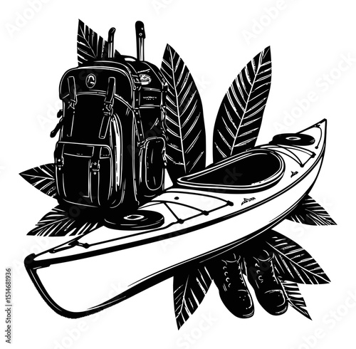 Detailed Black and White Illustration of Kayak, Backpack, and Shoes with Leaves