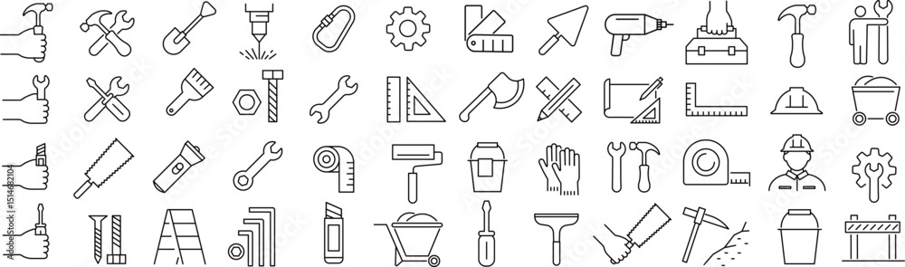 ベクターでモノクロの大工道具に関する線画アイコンセット
