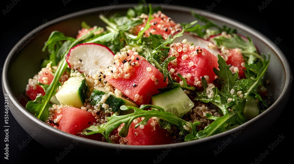 Summer bowl with watermelon radish, arugula, quinoa, and cucumber, light styling Summer bowl with watermelon radish, arugula, quinoa, and cucumber, light styling