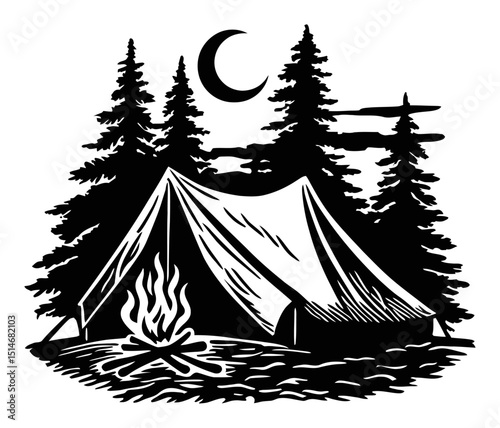 Camping Scene at Night with Tent and Campfire Under Moonlit Sky