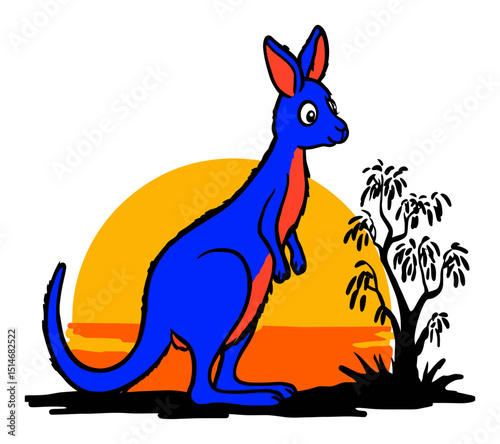 Colorful Cartoon Kangaroo Stands Near Tree with Sunset Background in Vibrant Style