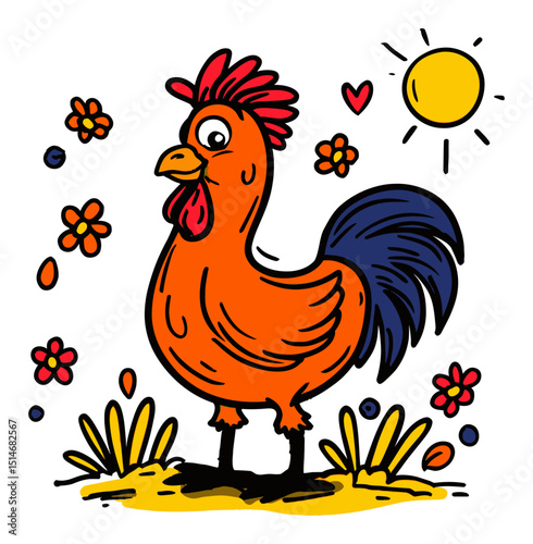 Colorful Rooster Surrounded by Flowers and Sun in Playful Drawing Style