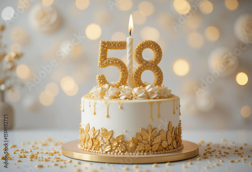 Elegant gold and white cake decorated with flowers and number candles for a special 58th birthday celebration in a festive setting photo