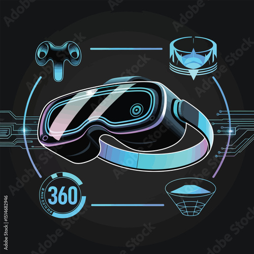 Virtual reality headset with futuristic design elements and 360 degree symbol for immersive digital experiences