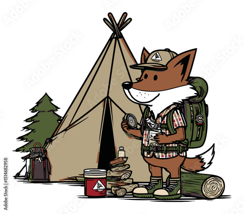 Cartoon Fox Adventurer in Wilderness Scene with Tent and Camping Gear