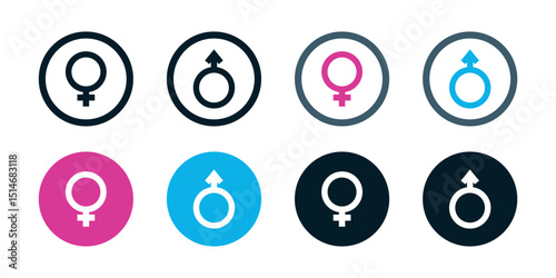 Gender Symbol Icon Set. Male and Female Glyph Variations in Circle Buttons, Outline and Solid Styles for UI, Profile Avatars and Demographic Graphics