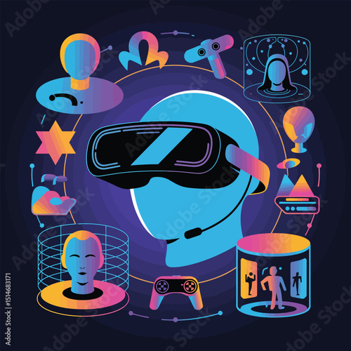 Immersive virtual reality experience with futuristic headset and digital avatars in a connected cyberspace world for gaming and entertainment