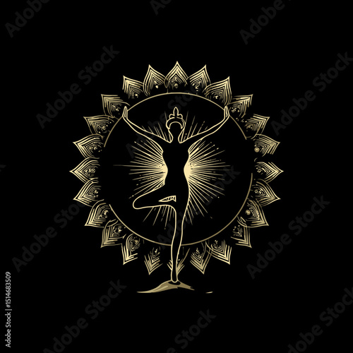 Elegant Vector Art of a Yoga Pose Surrounded by Radiant Sunburst Design