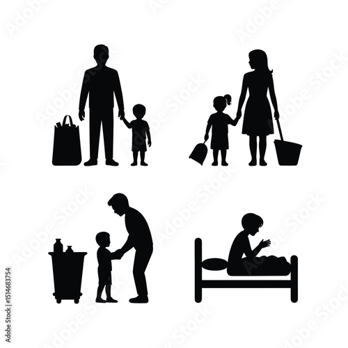 Family silhouettes depicting various activities isolated on white background, including shopping, bedtime, and parental care.