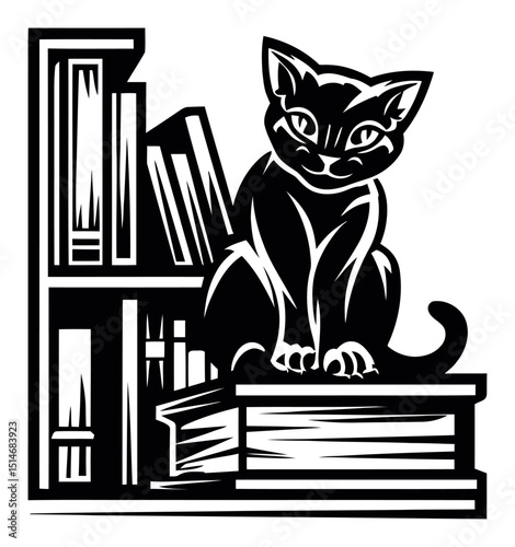 Black Cat Sitting on Bookshelf with Vintage Books and Reading Vibes Design