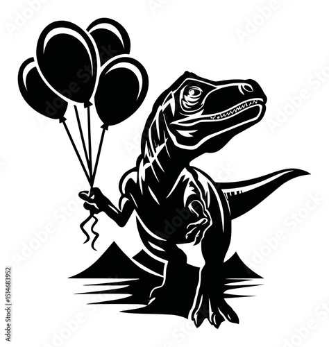 Dinosaur Holding Balloons in a Playful Engraving Style Illustration