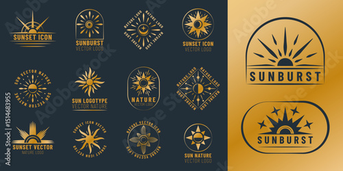 Sun logo. Graphic for beach jewelry logotype. Icon sunset, tattoo with minimal line. Celestial moon geometry minimalist premium collection. Design mystic sign for boutique. Vector garish sunrise set