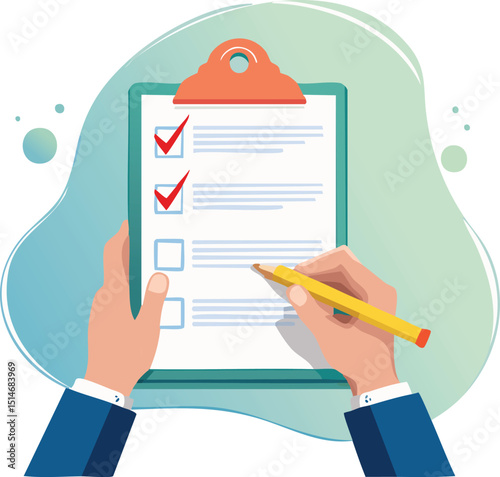 illustration of hands holding a clipboard with a checklist. The checklist has alternating rows of blue text lines, green checkmarks, and red X marks in colorful square boxes