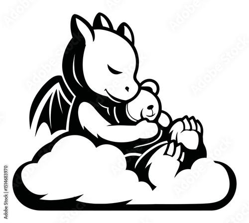 Cute Dragon Embracing Teddy Bear in a Whimsical Cloud Illustration Design