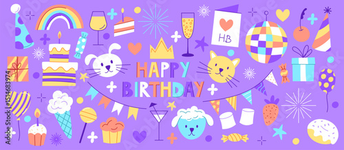 Happy birthday party icon. Element cake, gift, animal faces. Doodle retro, cute invitation design. Sweet vintage sticker, childish label, anniversary present. Vector illustration of garish celebration