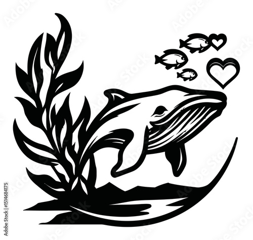 Elegant Whale Illustration with Fish and Heart Motifs in Black and White Design
