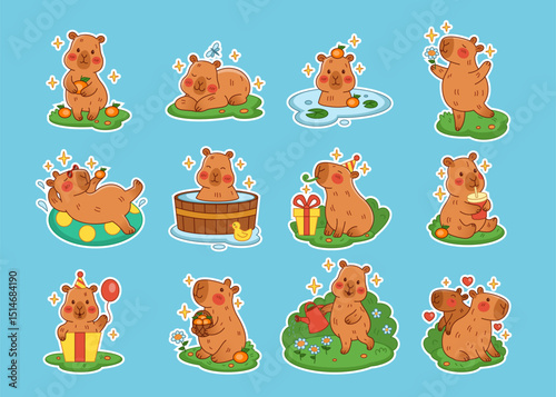 Capybara set, kids animal. Heart love of friends. Cartoon sticker cute adorable rodent. Funny doodle isolated elements for birthday decoration. Fabric print. Pet character drawing. Vector tidy mascot