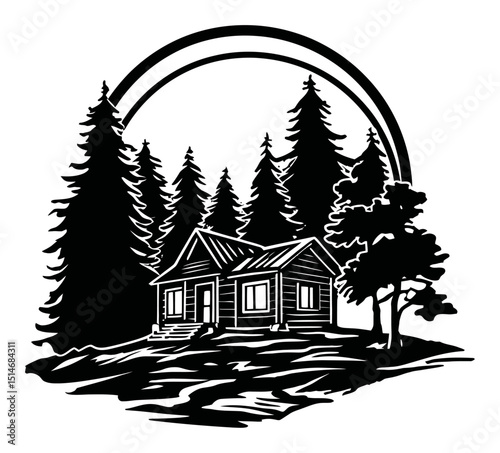 Black and White Engraving of a Cozy Cabin Surrounded by Tall Pine Trees and a Rainbow
