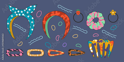 Hair accessories. Hairpin for girl. Headband icon. Clip and hoops. Woman fashion. Hairstyle design. Decoration scrunchie. Hairband ribbon. Hairdo bijouterie. Vector tidy cartoon hairdressing grips set