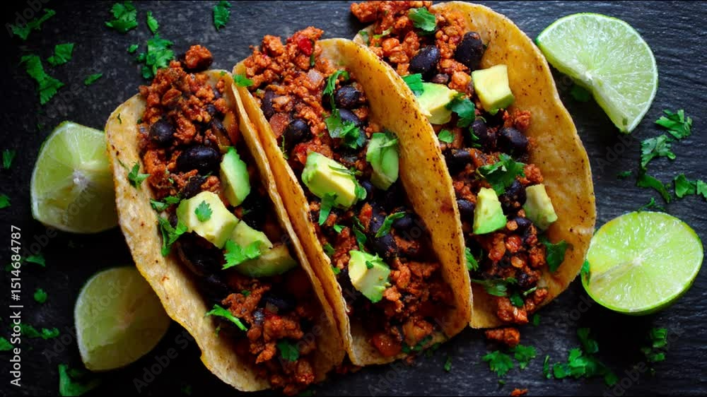 Three delicious tacos with various toppings and lime wedges.