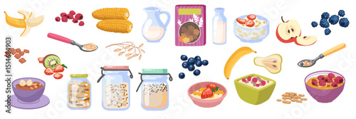 Oat cereal. Healthy food. Oatmeal in bowl. Breakfast grain, granola and porridge. Wheat in box. Jar of muesli with milk. Flake delicious meal. Cornflakes with berry and fruit. Vector cartoon icons set