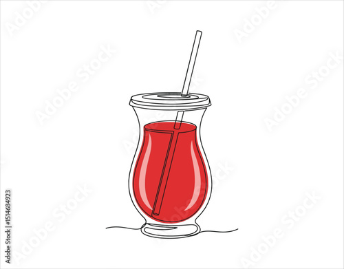 logo design of a glass filled with tomato juice, complete with a lid and straw, all in a single line art style

