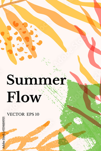 Vertical summer banner with tropical leaves and hand-drawn texture. Bright abstract composition in pastel colors. Perfect for posters, digital marketing, seasonal sales, eco lifestyle and branding.