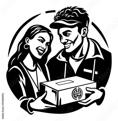 Black and white illustration of a couple exchanging a package with smiles
