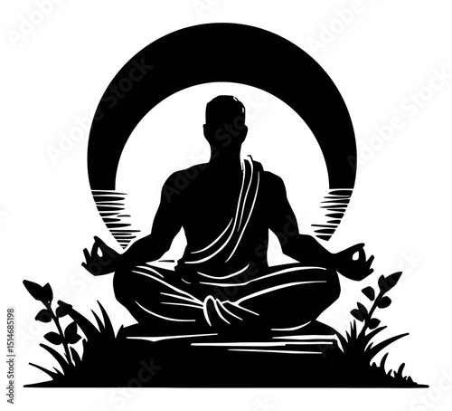 Serene Buddha Silhouette with Moonlight Reflection on Water and Lush Vegetation