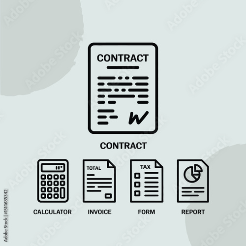 Collection of business documents including a contract, calculator, invoice, form, and report isolated on white background
