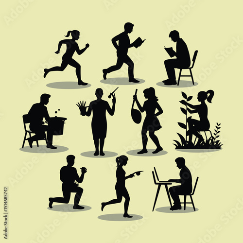 Silhouettes of people engaged in various activities such as running, reading, cooking, gardening, working on a laptop, exercising, and pointing.
