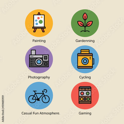 Icons representing painting, gardening, photography, cycling, gaming, and casual fun atmosphere, showcasing various hobbies and leisure activities