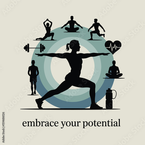 Silhouette of a woman in a yoga pose surrounded by fitness and wellness icons, promoting health and embracing potential.