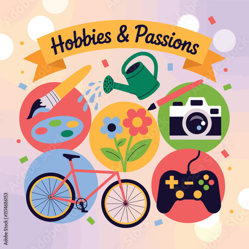 Illustration showcasing various hobbies and passions including art, gardening, photography, cycling, and gaming with vibrant colors and playful design elements