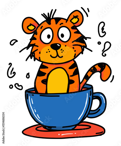 Cute Tiger Character in a Blue Cup with Fun Steam Swirls and Cartoon Style