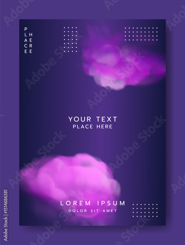 Abstract poster. 3D purple smoke cloud. Toxic fume. Book cover. Modern color flyer. Creative graphic brochure. Mystery fog and vapor mist. Smoky haze. Chemical steam. Vector banner design template