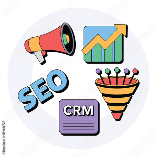 Illustration depicting seo, crm, a megaphone, a funnel, and a chart, representing marketing strategies and business growth on a white background