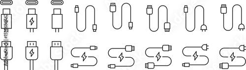 ケーブルと充電の線画アイコンセット
