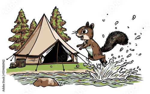 Cheerful Squirrel Leaping Near Tent by Lake with Trees in Artistic Adventure Illustration